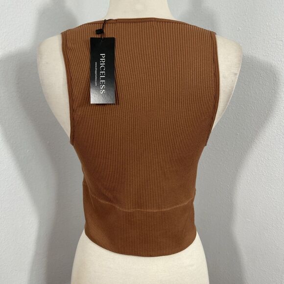 Priceless Crop‎ Tank Top Womens M Or L Cocoa Deep V Sleeveless Ribbed Y2K - Picture 3 of 9